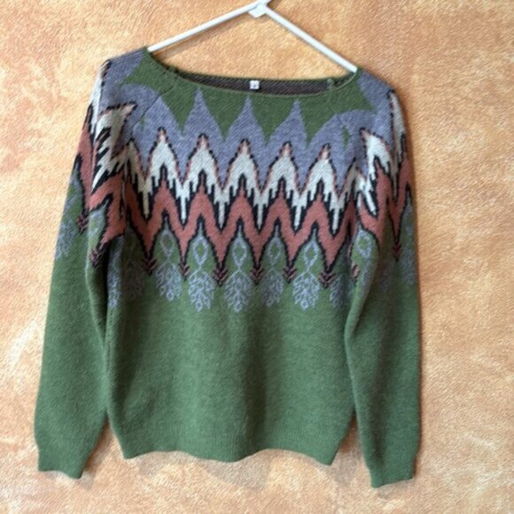 Argyle Chevron Sweater (S) Apple Green Patterned Boat Neck Knit Sweater - Picture 4 of 6